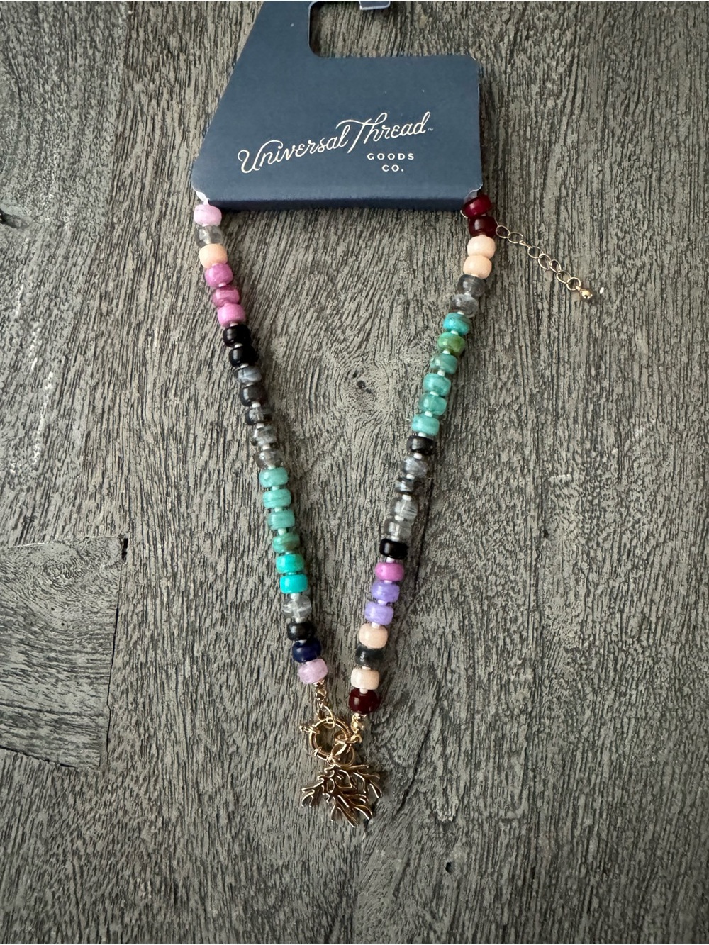 Universal Thread Multicolor Beaded Necklace with Gold Leaf Charm